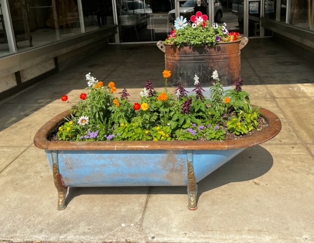 antique blue bathtub with flowers